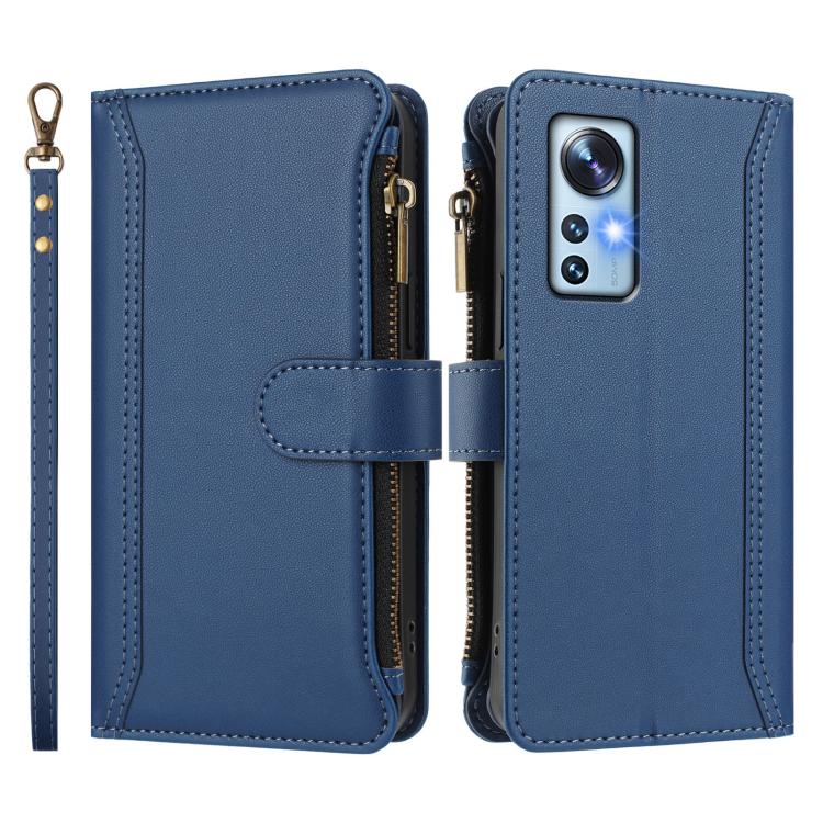 For Xiaomi 12 / 12X / 12S Magnetic Closure 9 Card Slots Zipper Leather Case with Hand Strap