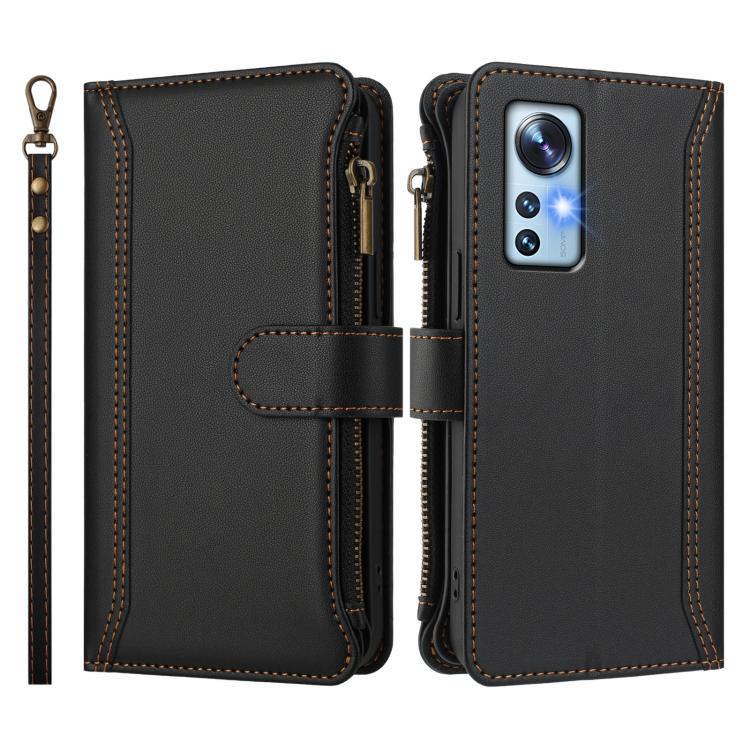 For Xiaomi 12 / 12X / 12S Magnetic Closure 9 Card Slots Zipper Leather Case with Hand Strap