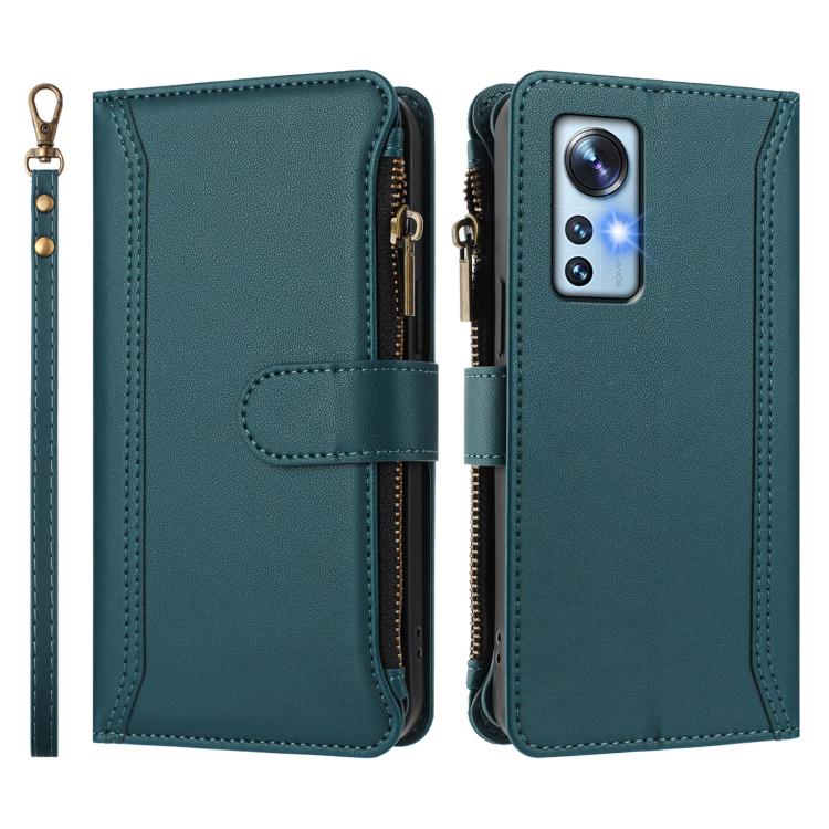 For Xiaomi 12 / 12X / 12S Magnetic Closure 9 Card Slots Zipper Leather Case with Hand Strap