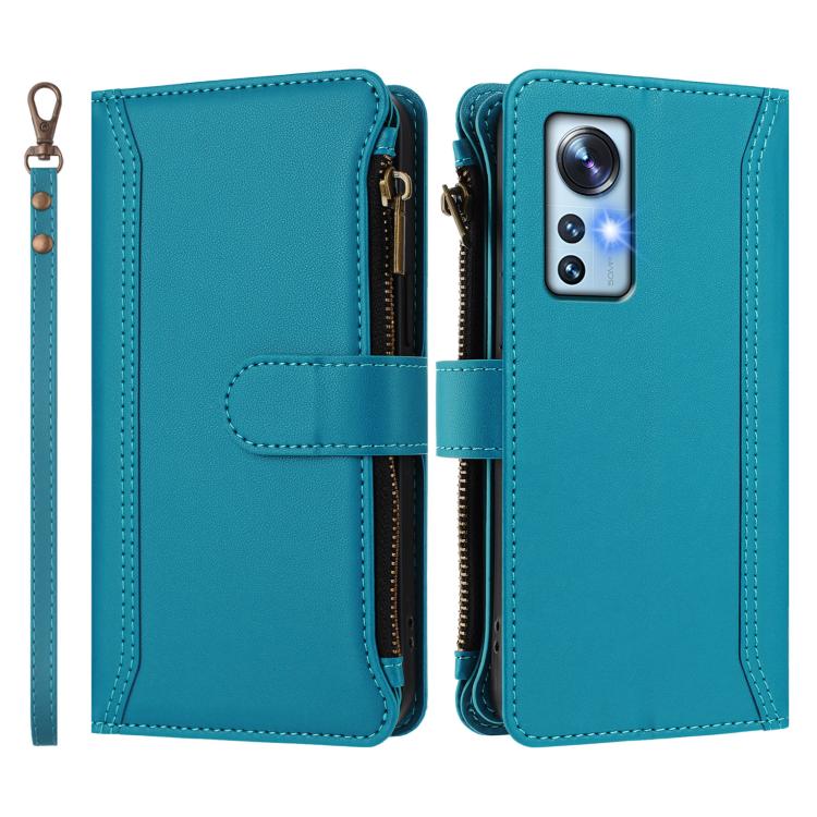 For Xiaomi 12 / 12X / 12S Magnetic Closure 9 Card Slots Zipper Leather Case with Hand Strap