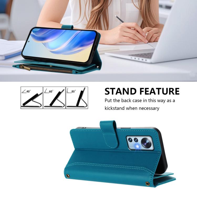 For Xiaomi 12 / 12X / 12S Magnetic Closure 9 Card Slots Zipper Leather Case with Hand Strap
