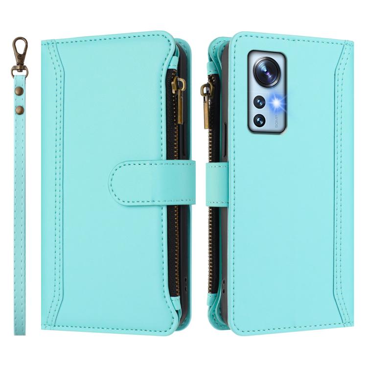 For Xiaomi 12 / 12X / 12S Magnetic Closure 9 Card Slots Zipper Leather Case with Hand Strap