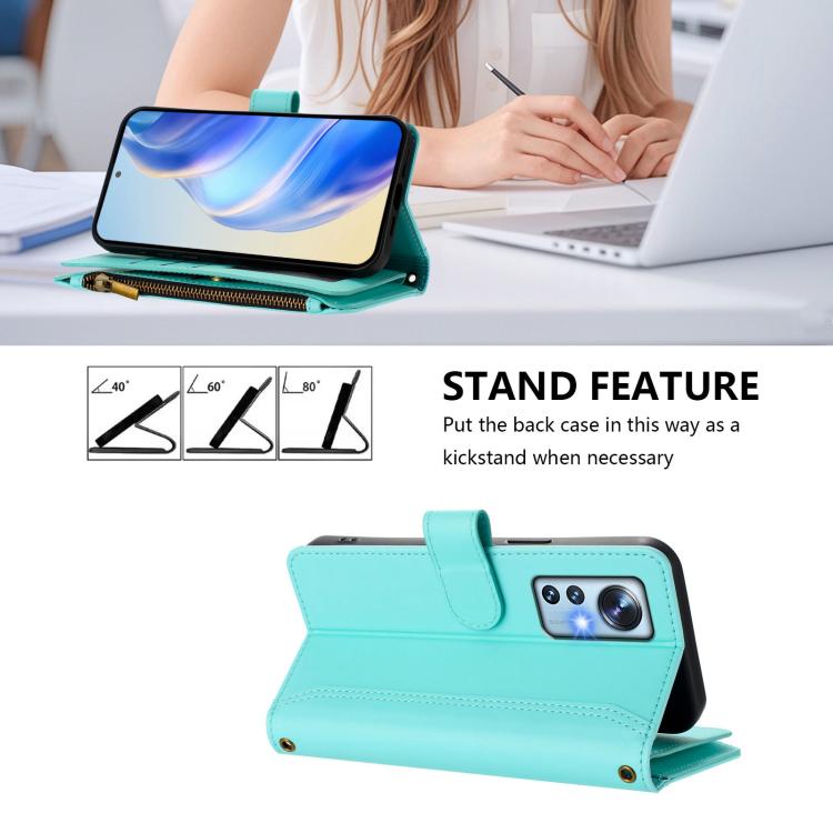 For Xiaomi 12 / 12X / 12S Magnetic Closure 9 Card Slots Zipper Leather Case with Hand Strap