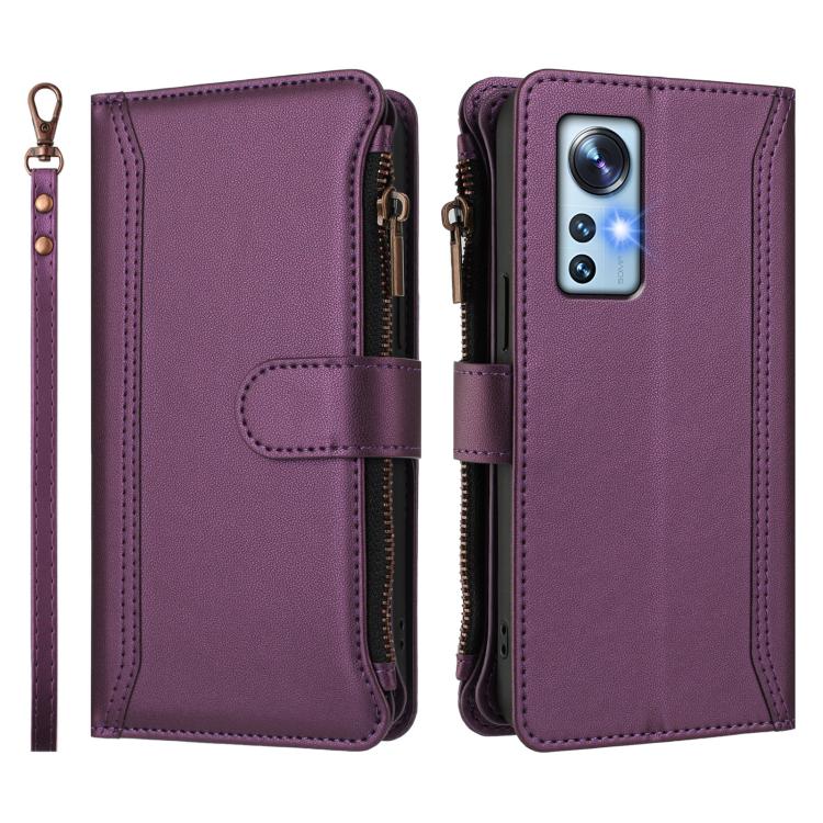 For Xiaomi 12 / 12X / 12S Magnetic Closure 9 Card Slots Zipper Leather Case with Hand Strap