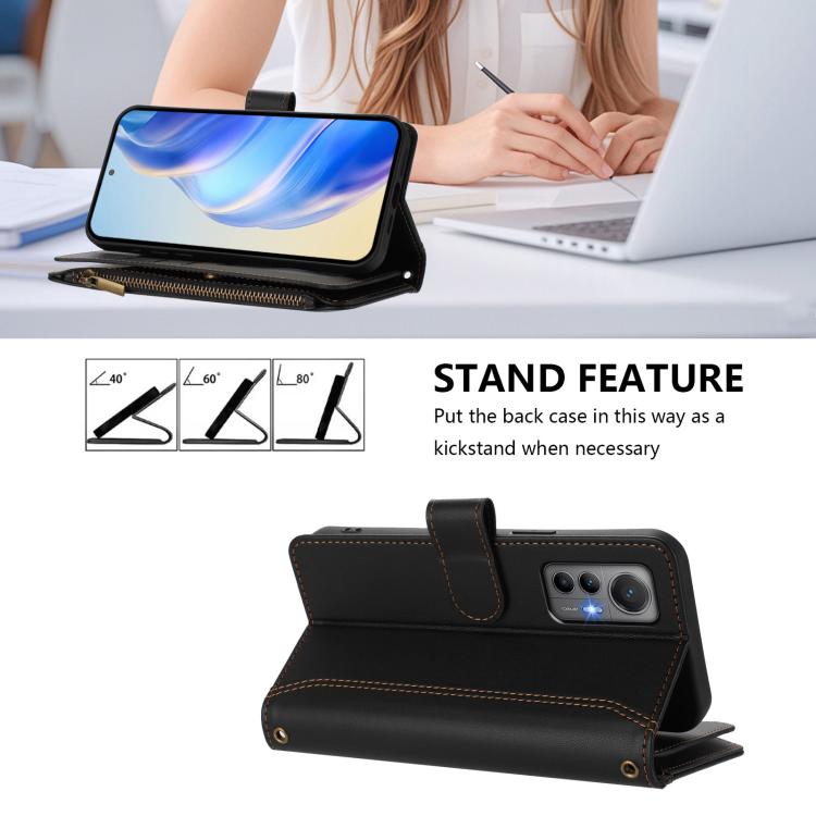For Xiaomi 12 Lite Magnetic Closure 9 Card Slots Zipper Leather Case with Hand Strap