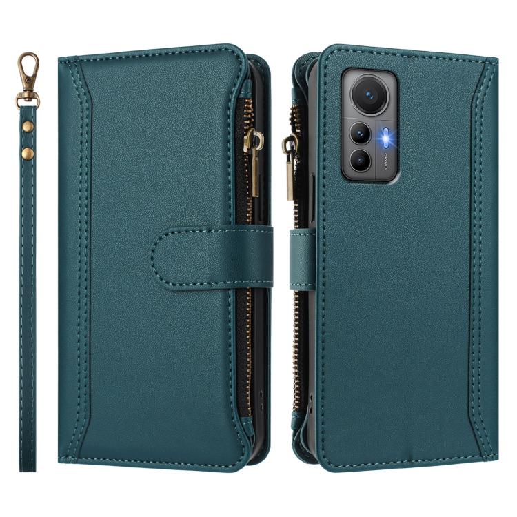 For Xiaomi 12 Lite Magnetic Closure 9 Card Slots Zipper Leather Case with Hand Strap
