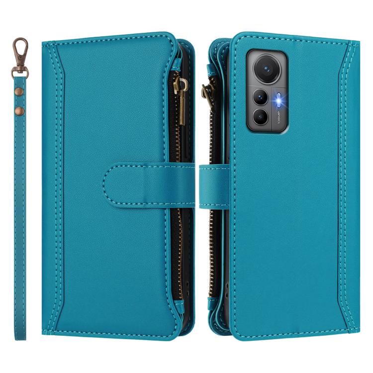 For Xiaomi 12 Lite Magnetic Closure 9 Card Slots Zipper Leather Case with Hand Strap