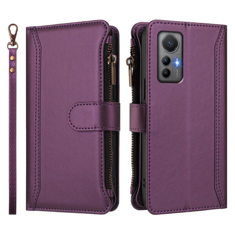 For Xiaomi 12 Lite Magnetic Closure 9 Card Slots Zipper Leather Case with Hand Strap