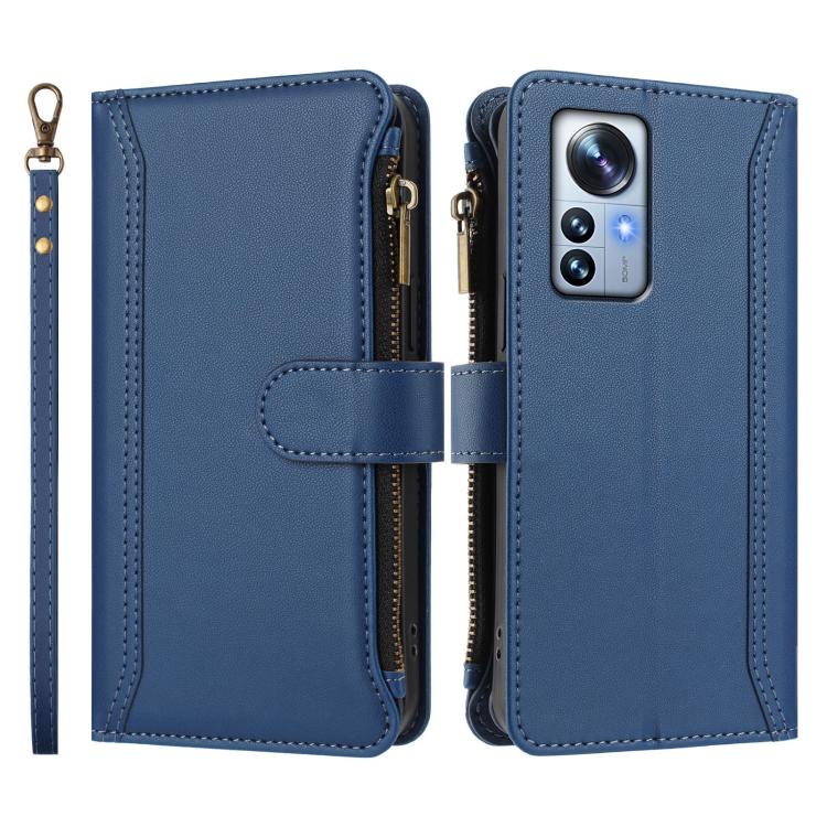 For Xiaomi 12 Pro / 12S Pro Magnetic Closure 9 Card Slots Zipper Leather Case with Hand Strap