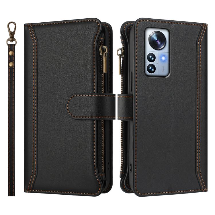 For Xiaomi 12 Pro / 12S Pro Magnetic Closure 9 Card Slots Zipper Leather Case with Hand Strap