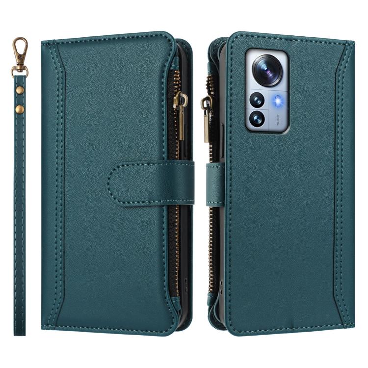 For Xiaomi 12 Pro / 12S Pro Magnetic Closure 9 Card Slots Zipper Leather Case with Hand Strap