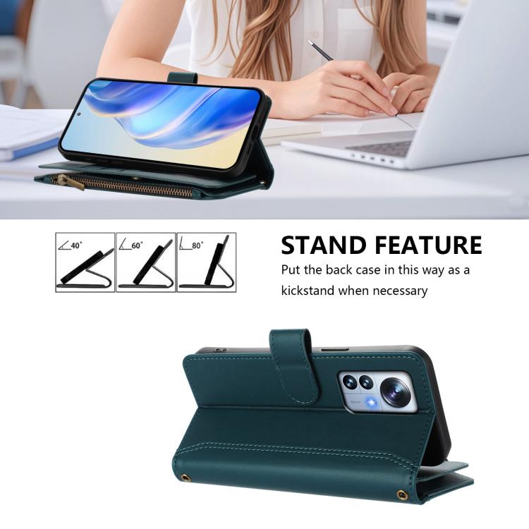 For Xiaomi 12 Pro / 12S Pro Magnetic Closure 9 Card Slots Zipper Leather Case with Hand Strap