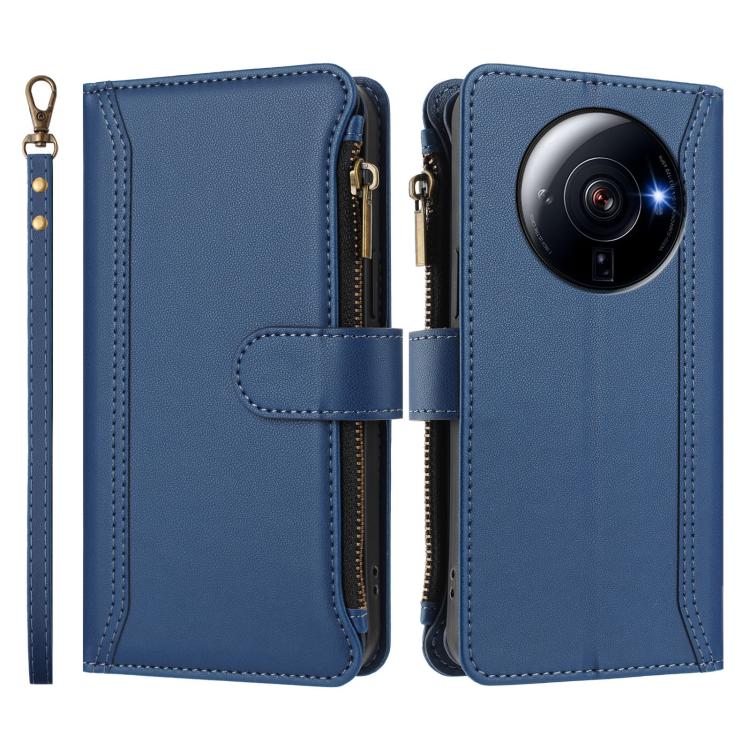 For Xiaomi 12S Ultra Magnetic Closure 9 Card Slots Zipper Leather Case with Hand Strap