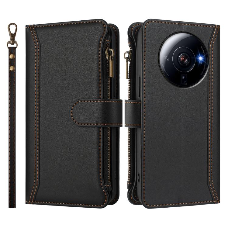 For Xiaomi 12S Ultra Magnetic Closure 9 Card Slots Zipper Leather Case with Hand Strap