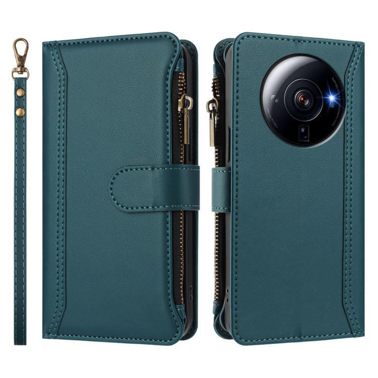 For Xiaomi 12S Ultra Magnetic Closure 9 Card Slots Zipper Leather Case with Hand Strap