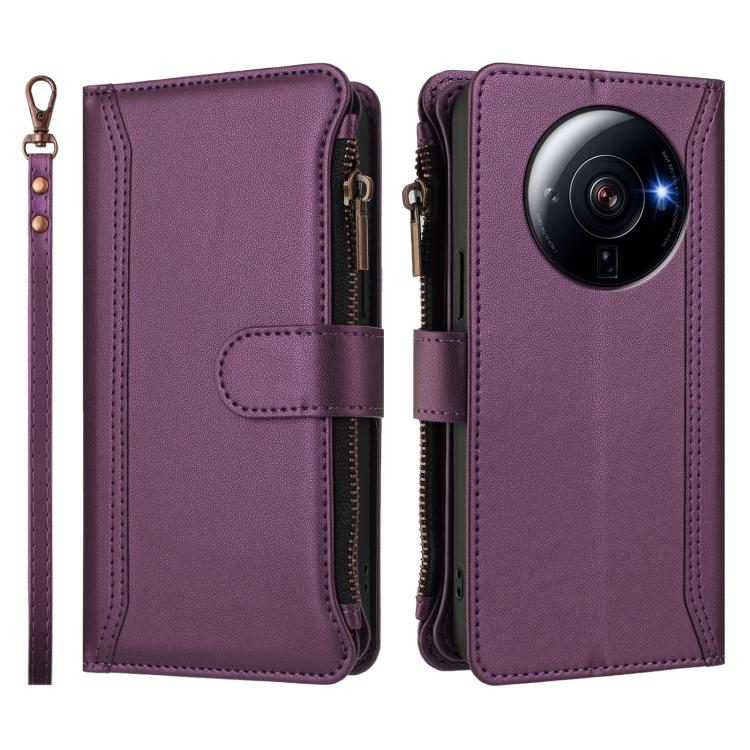For Xiaomi 12S Ultra Magnetic Closure 9 Card Slots Zipper Leather Case with Hand Strap