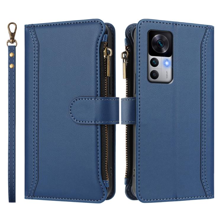 For Xiaomi 12T / 12T Pro / Redmi K50 Ultra Magnetic Closure 9 Card Slots Zipper Leather Case with Hand Strap