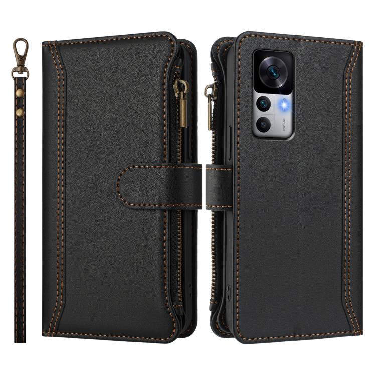 For Xiaomi 12T / 12T Pro / Redmi K50 Ultra Magnetic Closure 9 Card Slots Zipper Leather Case with Hand Strap