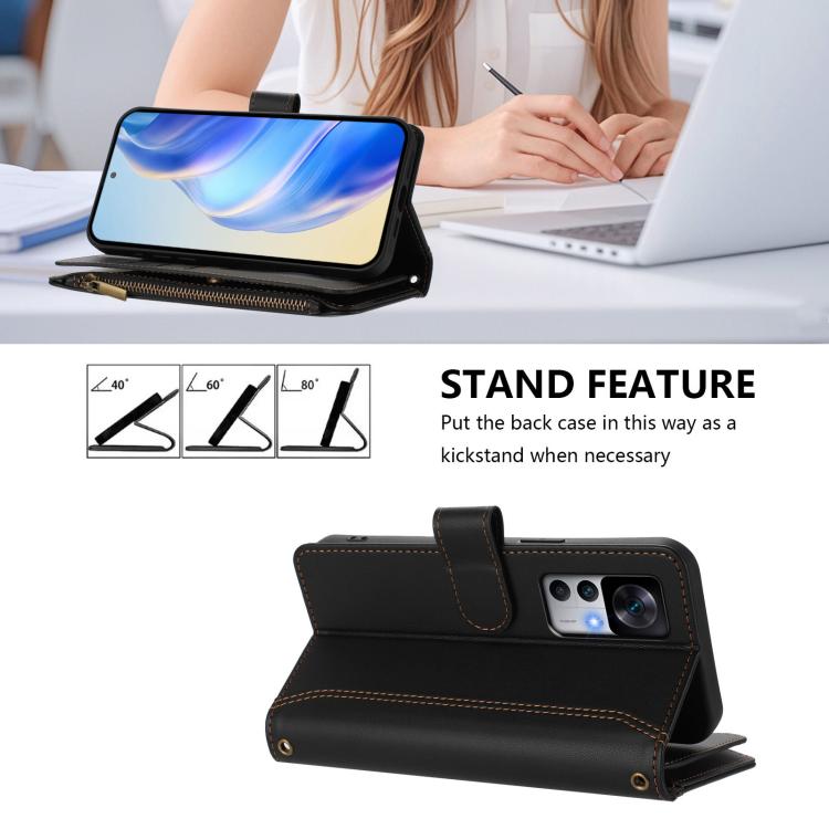 For Xiaomi 12T / 12T Pro / Redmi K50 Ultra Magnetic Closure 9 Card Slots Zipper Leather Case with Hand Strap
