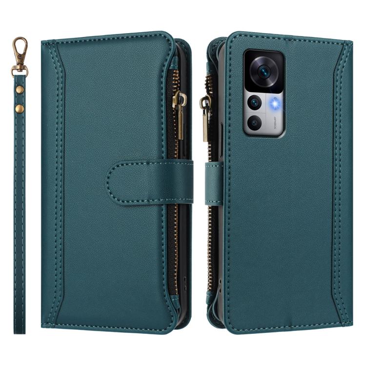 For Xiaomi 12T / 12T Pro / Redmi K50 Ultra Magnetic Closure 9 Card Slots Zipper Leather Case with Hand Strap