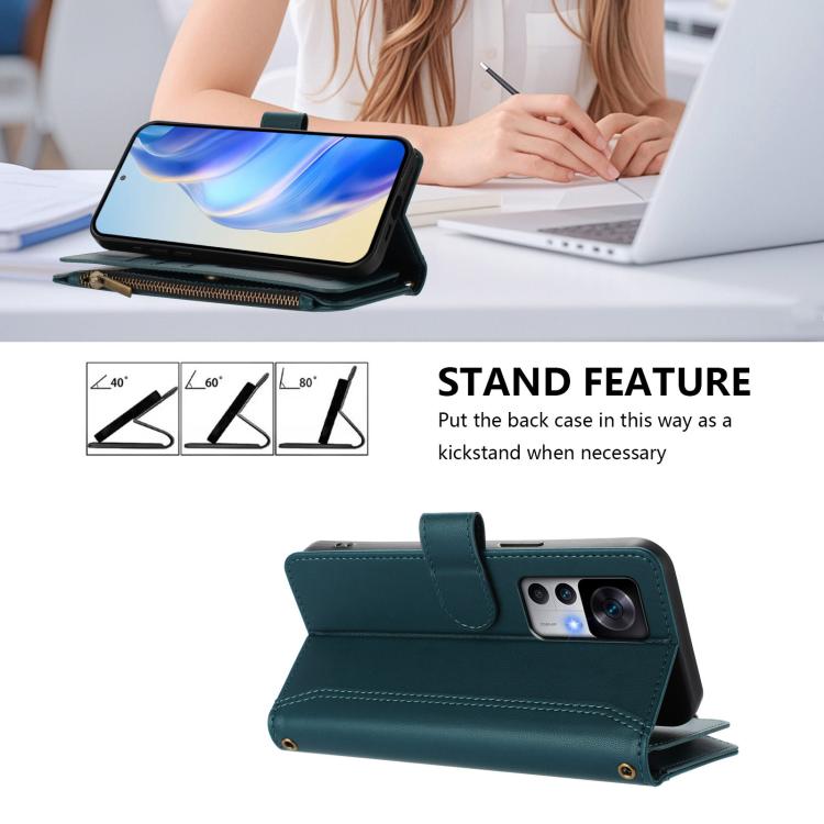For Xiaomi 12T / 12T Pro / Redmi K50 Ultra Magnetic Closure 9 Card Slots Zipper Leather Case with Hand Strap