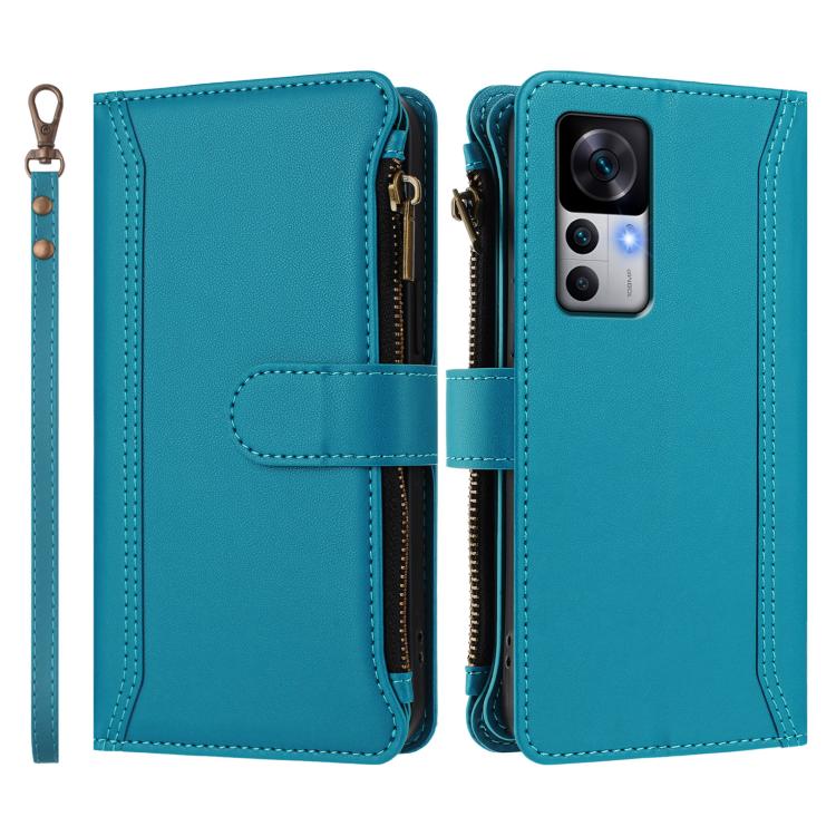For Xiaomi 12T / 12T Pro / Redmi K50 Ultra Magnetic Closure 9 Card Slots Zipper Leather Case with Hand Strap