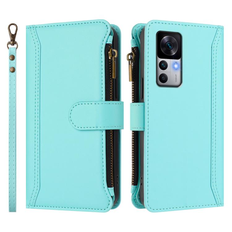 For Xiaomi 12T / 12T Pro / Redmi K50 Ultra Magnetic Closure 9 Card Slots Zipper Leather Case with Hand Strap