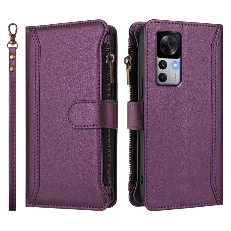 For Xiaomi 12T / 12T Pro / Redmi K50 Ultra Magnetic Closure 9 Card Slots Zipper Leather Case with Hand Strap