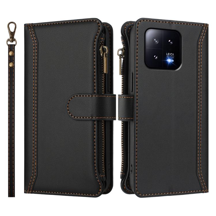 For Xiaomi 13 Magnetic Closure 9 Card Slots Zipper Leather Case with Hand Strap