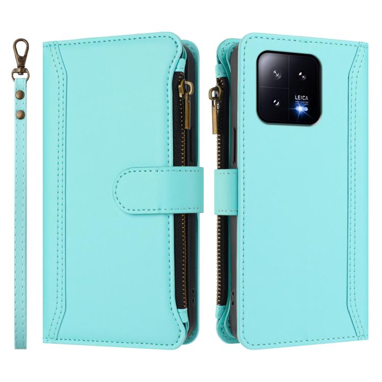 For Xiaomi 13 Magnetic Closure 9 Card Slots Zipper Leather Case with Hand Strap