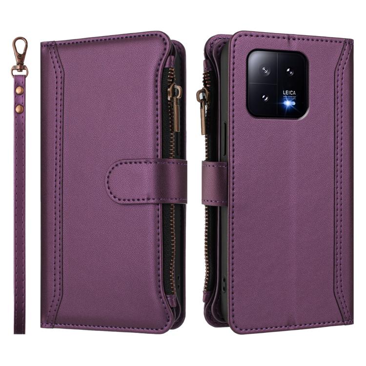 For Xiaomi 13 Magnetic Closure 9 Card Slots Zipper Leather Case with Hand Strap