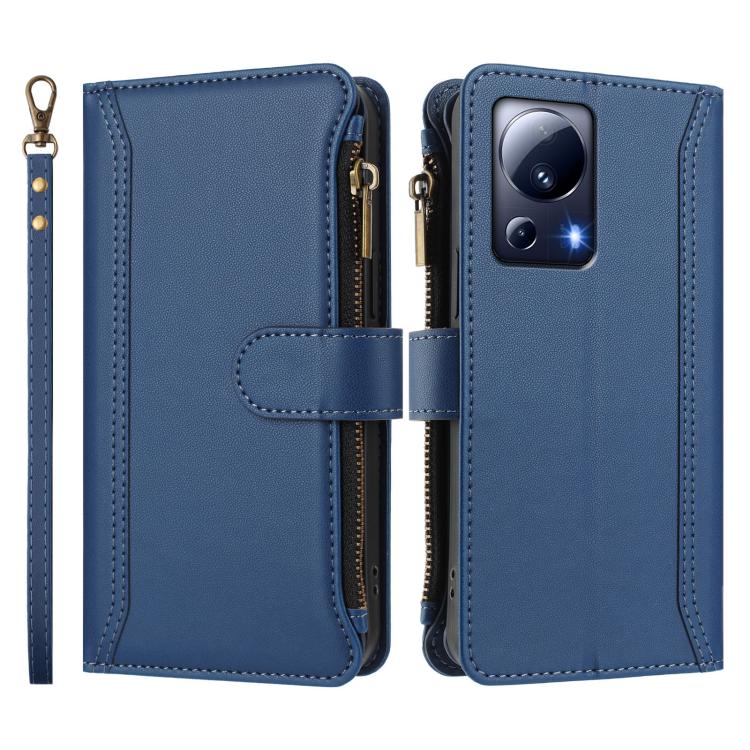 For Xiaomi 13 Lite / Civi 2 Magnetic Closure 9 Card Slots Zipper Leather Case with Hand Strap