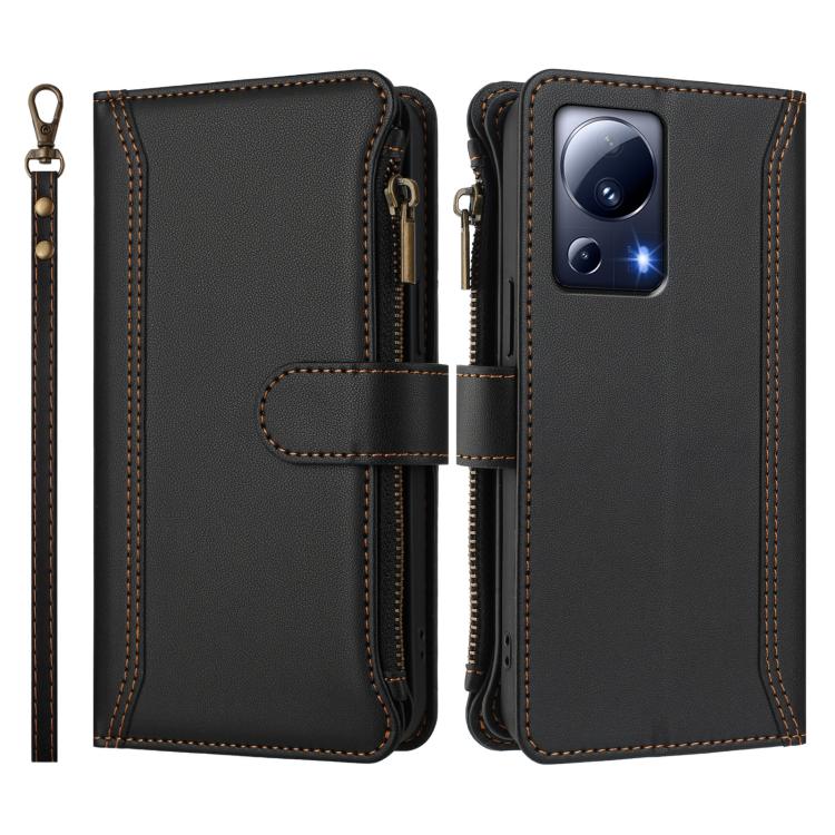 For Xiaomi 13 Lite / Civi 2 Magnetic Closure 9 Card Slots Zipper Leather Case with Hand Strap