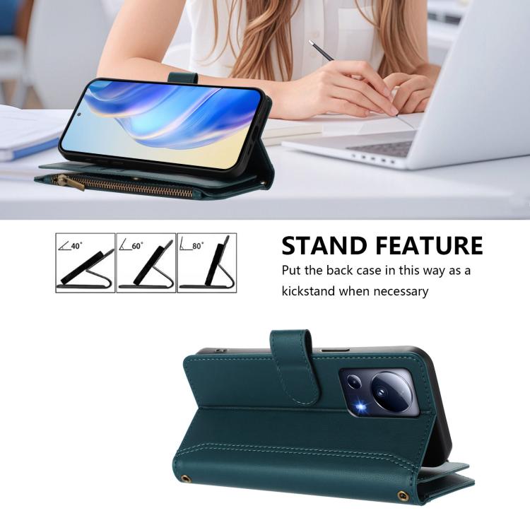 For Xiaomi 13 Lite / Civi 2 Magnetic Closure 9 Card Slots Zipper Leather Case with Hand Strap