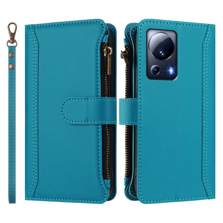 For Xiaomi 13 Lite / Civi 2 Magnetic Closure 9 Card Slots Zipper Leather Case with Hand Strap