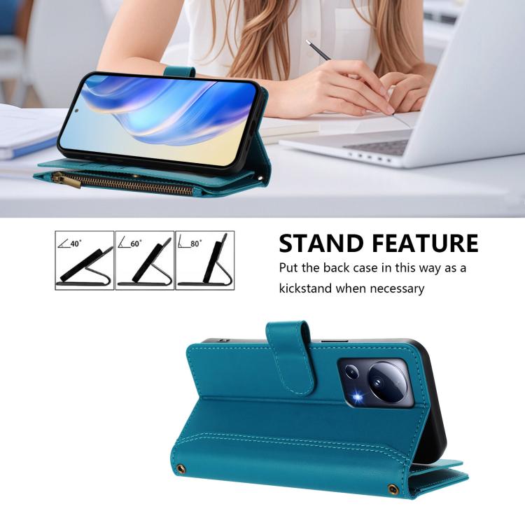 For Xiaomi 13 Lite / Civi 2 Magnetic Closure 9 Card Slots Zipper Leather Case with Hand Strap