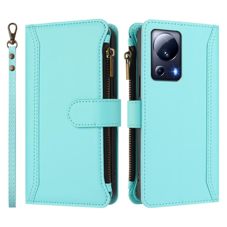 For Xiaomi 13 Lite / Civi 2 Magnetic Closure 9 Card Slots Zipper Leather Case with Hand Strap