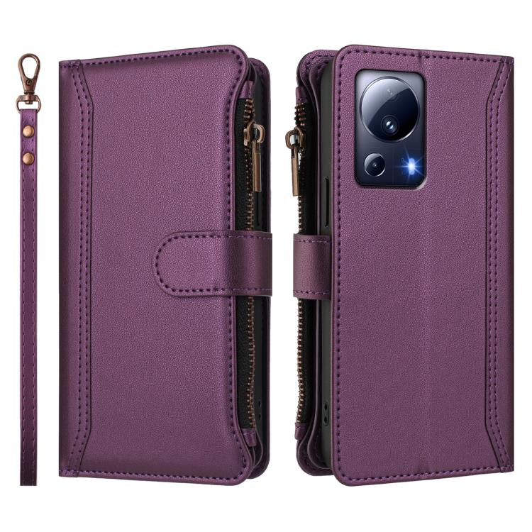 For Xiaomi 13 Lite / Civi 2 Magnetic Closure 9 Card Slots Zipper Leather Case with Hand Strap