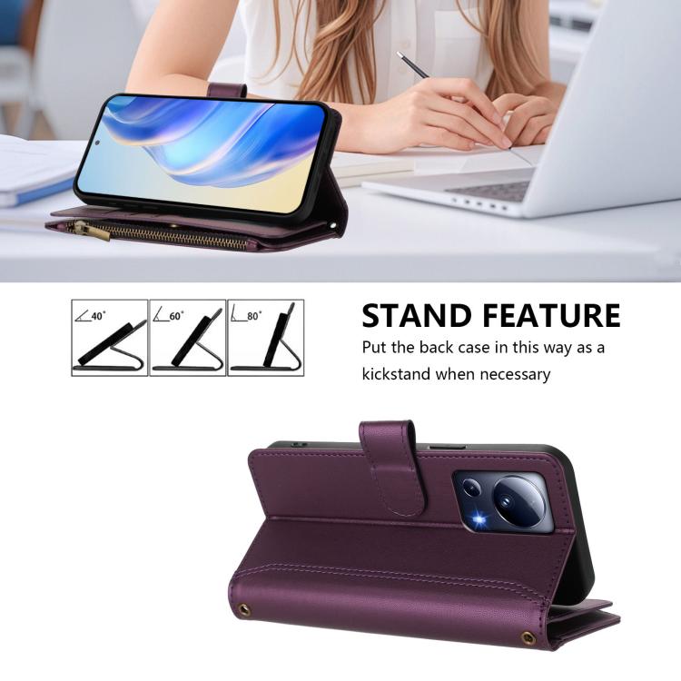 For Xiaomi 13 Lite / Civi 2 Magnetic Closure 9 Card Slots Zipper Leather Case with Hand Strap