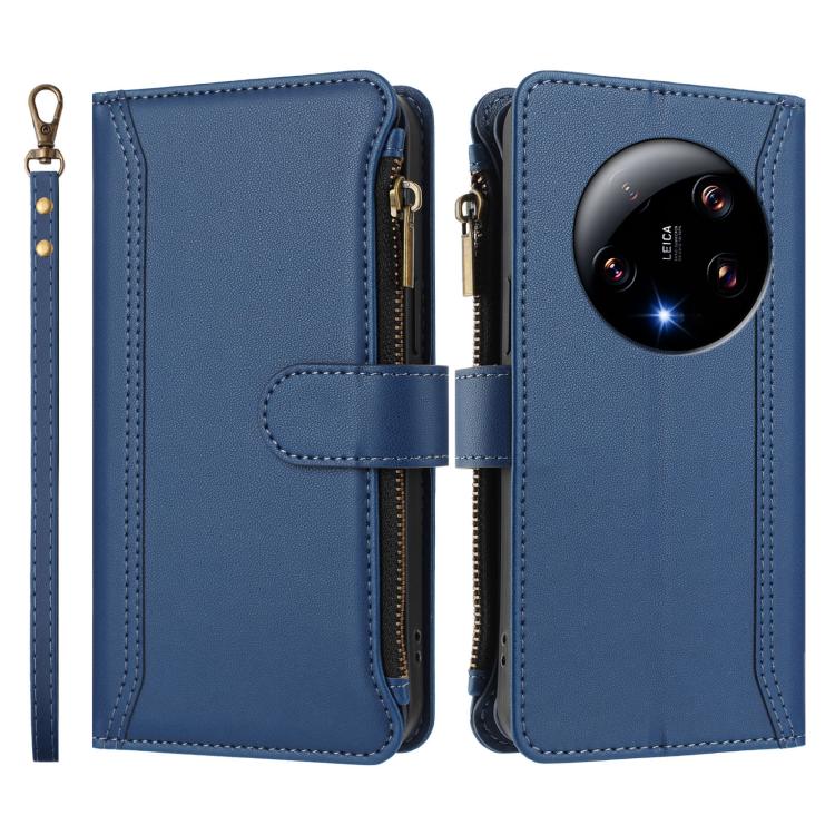 For Xiaomi 13 Ultra Magnetic Closure 9 Card Slots Zipper Leather Case with Hand Strap