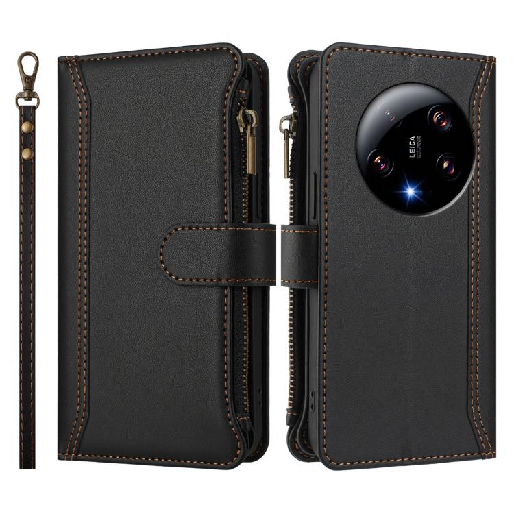 For Xiaomi 13 Ultra Magnetic Closure 9 Card Slots Zipper Leather Case with Hand Strap