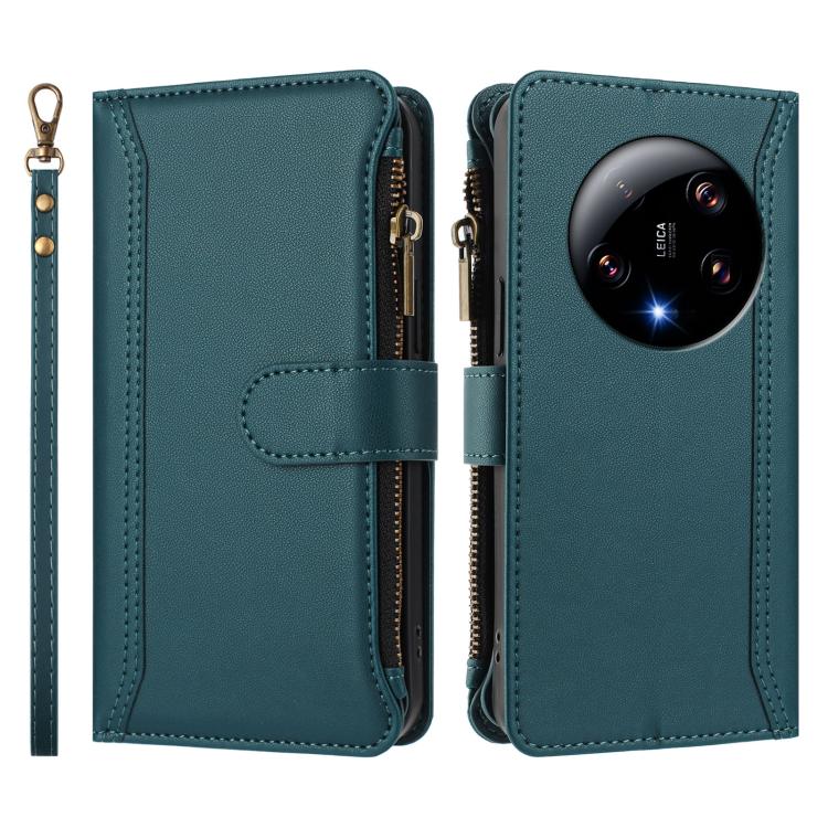 For Xiaomi 13 Ultra Magnetic Closure 9 Card Slots Zipper Leather Case with Hand Strap