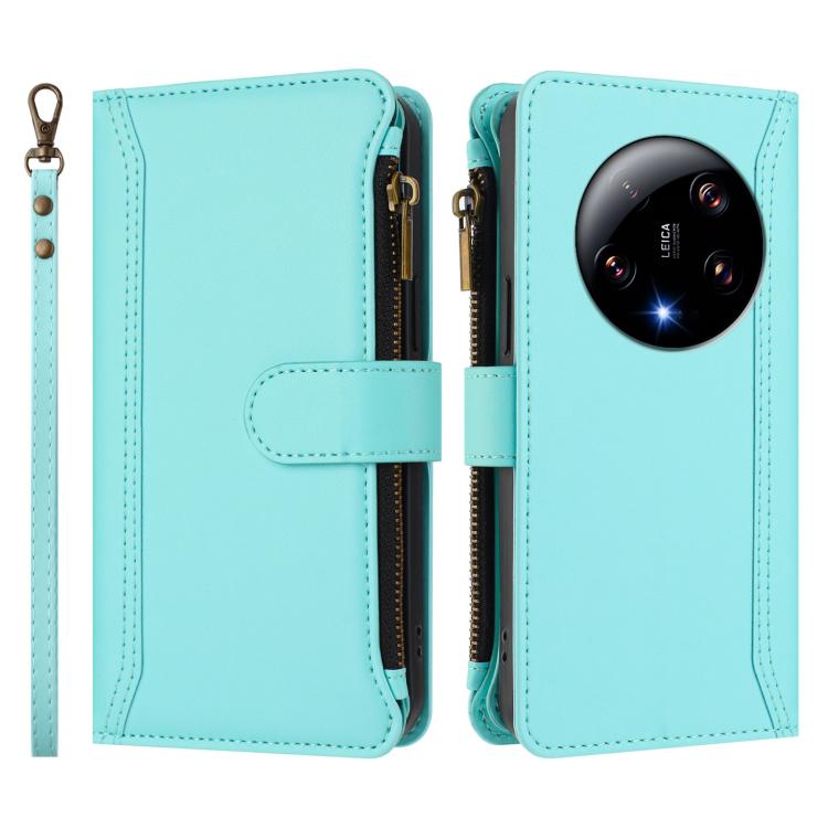 For Xiaomi 13 Ultra Magnetic Closure 9 Card Slots Zipper Leather Case with Hand Strap
