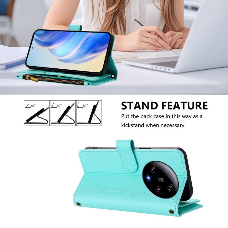 For Xiaomi 13 Ultra Magnetic Closure 9 Card Slots Zipper Leather Case with Hand Strap