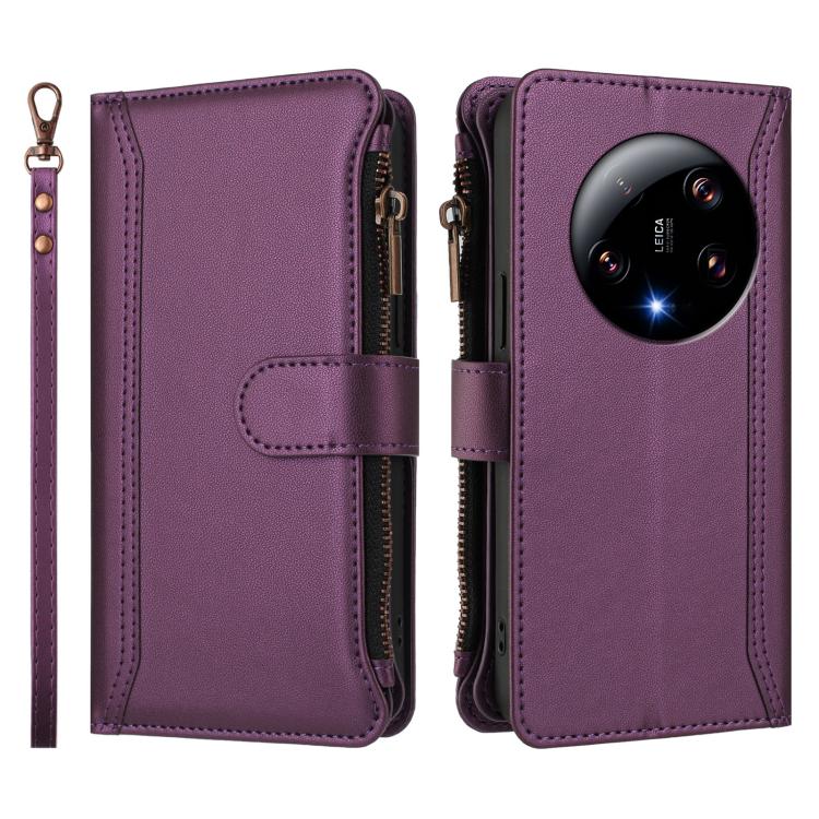For Xiaomi 13 Ultra Magnetic Closure 9 Card Slots Zipper Leather Case with Hand Strap