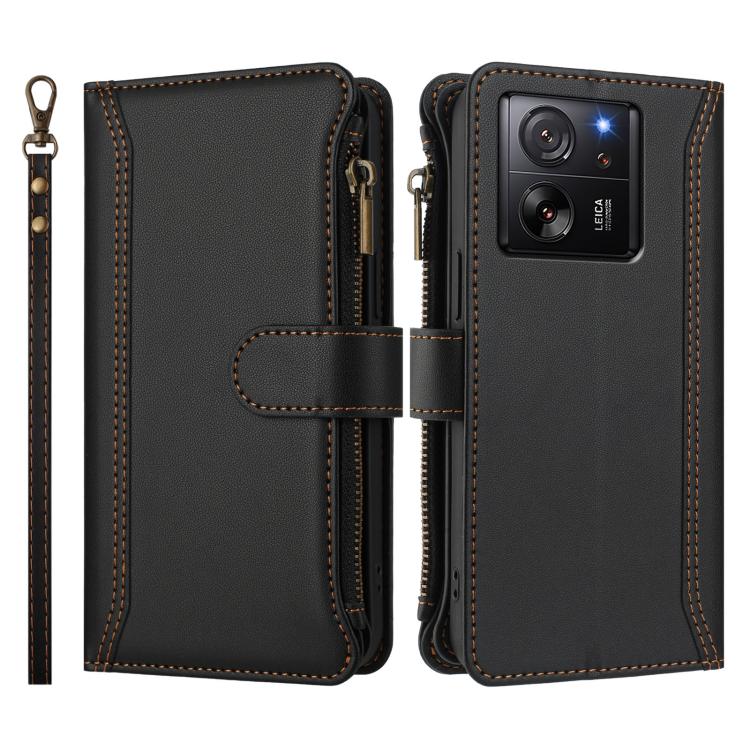 For Xiaomi 13T / 13T Pro / Redmi K60 Ultra Magnetic Closure 9 Card Slots Zipper Leather Case with Hand Strap
