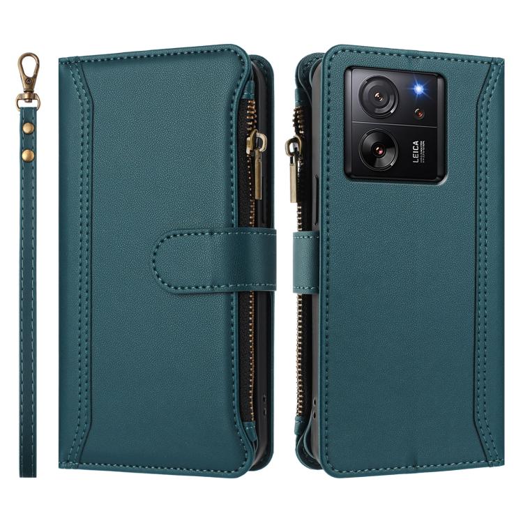 For Xiaomi 13T / 13T Pro / Redmi K60 Ultra Magnetic Closure 9 Card Slots Zipper Leather Case with Hand Strap