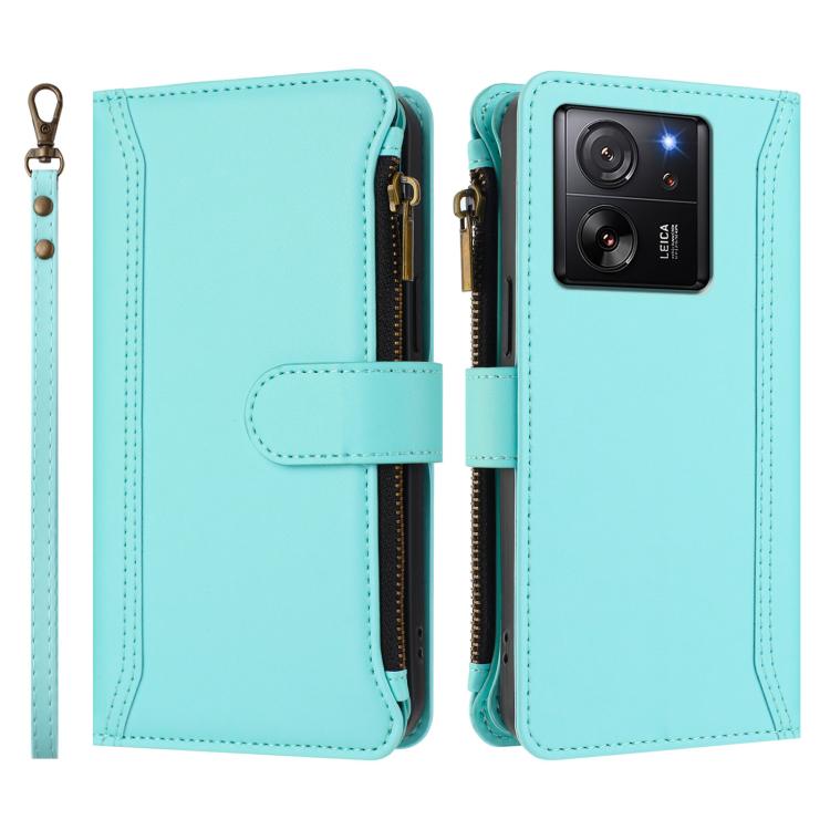 For Xiaomi 13T / 13T Pro / Redmi K60 Ultra Magnetic Closure 9 Card Slots Zipper Leather Case with Hand Strap