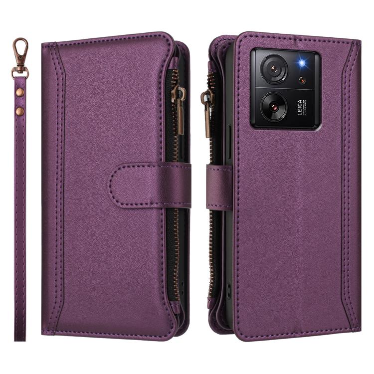 For Xiaomi 13T / 13T Pro / Redmi K60 Ultra Magnetic Closure 9 Card Slots Zipper Leather Case with Hand Strap