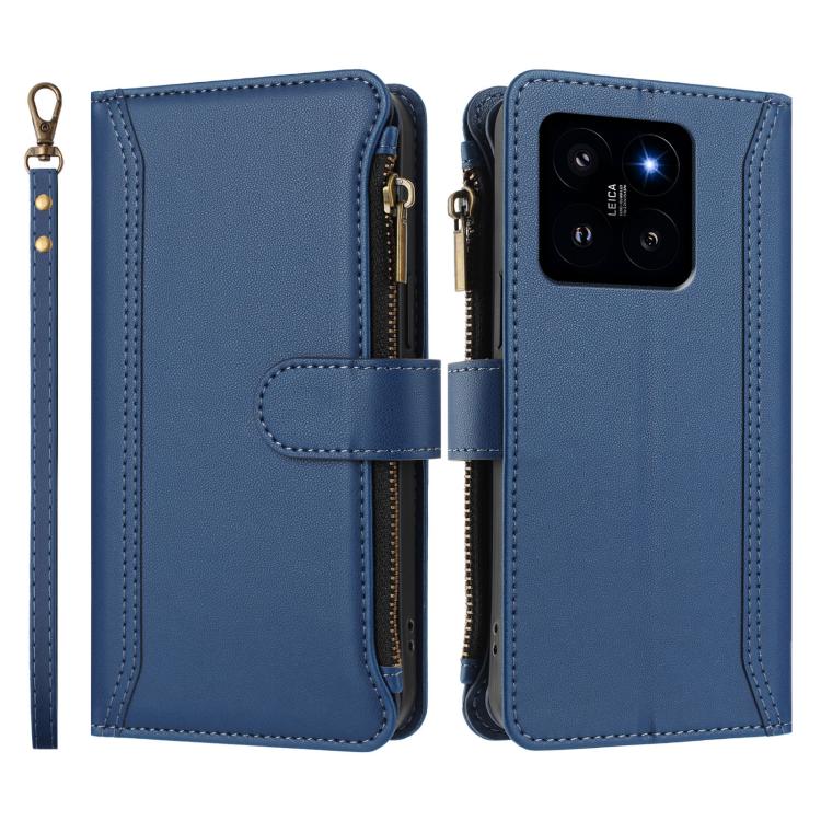 For Xiaomi 14 Magnetic Closure 9 Card Slots Zipper Leather Case with Hand Strap